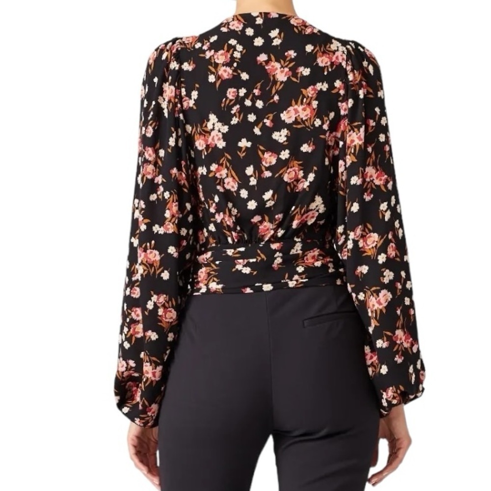 A.L.C. Carla Floral 100% Silk Wrap Crop Top Blouse Balloon Sleeves Black Small 6 - Picture 13 of 14